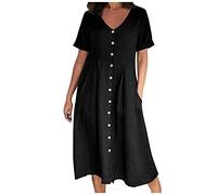 OVARA Robe d'été pour femme, robe chemise en lin à manches courtes, robe midi décontractée ample avec poches, robe tunique unie boutonnée à col en V, 01 - Noir, L