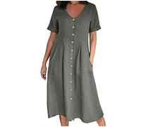 OVARA Robe d'été pour femme, robe chemise en lin à manches courtes, robe midi décontractée ample avec poches, robe tunique unie boutonnée à col en V, Gris 02, 5XL