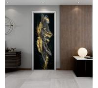 OVASGL Feuilles De Plumes D'Or Noir 3D Stickers Affiche Autocollante de Porte Trompe l'Oeil Effect,Auto-Adhésif Imperméable Adhésif Amovible pour Décor Cuisine/Chambre/Salle de Bain Mur-95x215cm