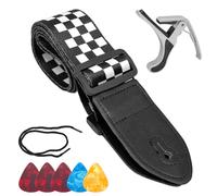 OVBOVA Sangle de Guitare, Ceinture de Guitare Jacquard Noir Et Blanc à Carreaux Avec Extrémités en Cuir Pour Basse,électrique,Acoustique,Viennent Avec 1 Clip de Hauteur Son de Guitare et 5 Médiators