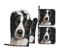 Oven Mitts and Pot Holders Set of 4 Border Collie 2 Pcs Oven Mitts with 2 Pcs Pot Holders Soft Coton Doublure Ensemble De Cuisine avec, pour Griller, Cuisiner, Four