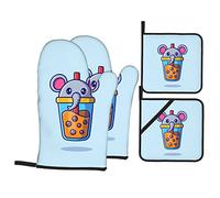 Oven Mitts and Pot Holders Set of 4 Éléphant Mignon avec du Thé Au Lait Pot Pads Soft Résistant À La Chaleur Maniques, pour Cuisson, Cuisiner, Micro-Ondes