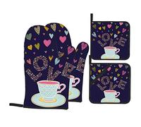 Oven Mitts and Pot Holders Set of 4 Tasse À Thé avec des Cœurs Pot Pads Soft Coton Doublure Ensemble De Cuisine avec, pour Four, Griller, Décorations Cuisine