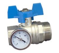 Oventrop Robinet à boisseau sphérique OV, poignée bleue avec thermomètre, 1IG x 1AG, joint plat. Quantité:1