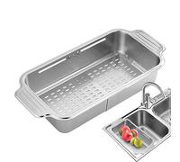 Over the Sink Dish Drainer, Adjustable Drying Rack Basket, Multi-Purpose Colander Strainer with Stopper for Washing Fruits Vegetables Dishes Kitchen Counter Home Bathroom Use