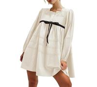 OverDose Boutique Women Flowy Long Puff Sleeve Mini Dress Casual Square Neck Lace Embroidered Dress Bow Tie A Line Tunic Dress Robe Chauve Souris (Beige, S)