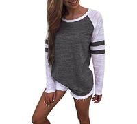 OverDose Casual Blouse Femme Manches Longues, Hiver T-Shirt Rayures Color Block Chemisiers Tops (38, Gris)