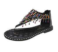 OverDose Sandales Tongs Sandales Femmes Plates Bohème Paillette Perle, Chic Chaussons de Plage Clip Toe Zip Sexy Sandals Flat Shoes Noir Beige Vert