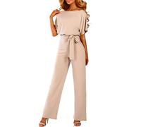 OverDose Soldes Combinaision Femme Taille Haute Chic pour Soirée, Ete Sexy Manches Courtes Coupe Droite Mode Pantalons Jumpsuit Clubwear (36, Beige)
