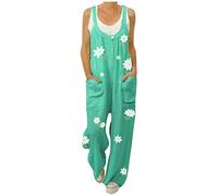 OverDose Soldes Combinaison en Lin à Imprimé Marguerites Femmes Vintage Salopette Pantalon Large sans Manches Jumpsuit de Plage Grande Taille