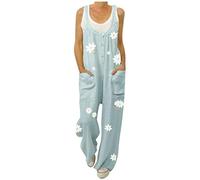 OverDose Soldes Combinaison en Lin à Imprimé Marguerites Femmes Vintage Salopette Pantalon Large sans Manches Jumpsuit de Plage Grande Taille