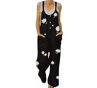 OverDose Soldes Combinaison en Lin à Imprimé Marguerites Femmes Vintage Salopette Pantalon Large sans Manches Jumpsuit de Plage Grande Taille