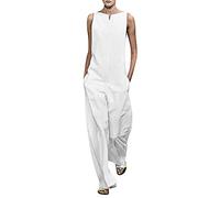 OverDose Soldes Combinaison en Lin Pantalon Large de Travail sans Manches Femme, Été Mode Chic Jumpsuit Blanche Noire
