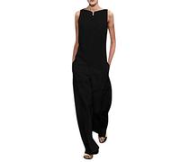 OverDose Soldes Combinaison en Lin Pantalon Large de Travail sans Manches Femme, Été Mode Chic Jumpsuit Blanche Noire
