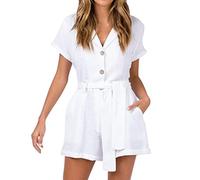 OverDose Soldes Combishort en Coton et Lin Femme Été Blanc Rompers Manches Courtes Casual Bleus de Travail Col V