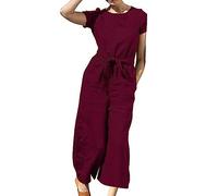 OverDose Soldes Femmes Couleur Unie Taille Haute à Manches Courtes montrant des Pantalons Minces Femmes Mode décontracté lâche Type Combinaison sous-vêtements (Wine-1, 48)