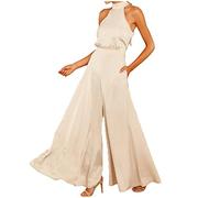 OverDose Soldes Femmes Dames Licou Cou Cravate Dos Combinaison Couleur Unie Femmes Pleine Longueur Grande Jambe Pantalon Côté De Travail Enfant (White, 36)