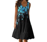 OverDose Soldes Femmes Décontracté été Robe Col Rond sans Manches Débardeur Plage Balançoire Mode Ample mi-Longue Jupe Fendue Deux Côtés (Dark Blue, 38)