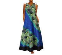 OverDose Soldes Femmes Grande Taille sans Manches imprimé Paon Longue Robe Maxi Boho été Robe de Plage Robe Africaine Bain