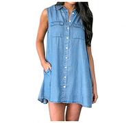 OverDose Soldes Grande Taille Femme Robe en Jean Été sans Manches Jupe, Casual Mode Taille Haute Slim Mini Col V Originaux Dress Taille 42 44 46 48 50 52-Bleu Délavage Moyen