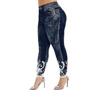 OverDose Soldes Grande Taille Leggings Slim Cowboy Imitation pour Femmes Mode Imprimé Pantalon de Sport Fitness Taille Haut Jambières Pants
