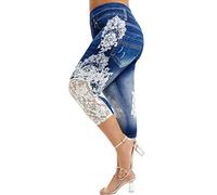OverDose Soldes Leggings en Dentelle Grande Taille Femmes Imitation Jean Pantalon de Sport Pantacourt Sexy Taille Haute Yoga Fitness Casual Jambières