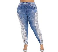 OverDose Soldes Leggings en Dentelle Grande Taille Femmes Imitation Jean Pantalon de Sport Pantacourt Sexy Taille Haute Yoga Fitness Casual Jambières