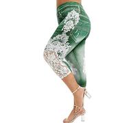 OverDose Soldes Leggings en Dentelle Grande Taille Femmes Imitation Jean Pantalon de Sport Pantacourt Sexy Taille Haute Yoga Fitness Casual Jambières