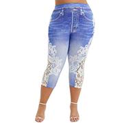 OverDose Soldes Leggings en Dentelle Grande Taille Femmes Imitation Jean Pantalon de Sport Pantacourt Sexy Taille Haute Yoga Fitness Casual Jambières