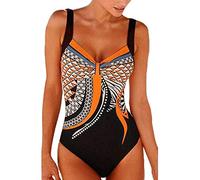 OverDose Soldes Maillot de Bain 1 Pièce Femme Slim Push Up Monokini Sexy Dos Nu avec Imprimé Vintage Amincissant Sport Swimwear