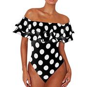 OverDose Soldes Maillot de Bain Femme 1 Pièce Épaules Dénudées Polka Print Grande Taille Bandeau Bikini Amincissante Slim Body Noir Blanc