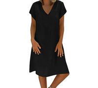 OverDose Soldes Mi-Longue Robe Grande Taille en Lin Femme Été Vintage Robes de Plage Manches Courtes Col V Loose Casual Dress Pas Cher