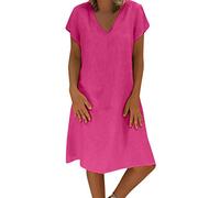 OverDose Soldes Mi-Longue Robe Grande Taille en Lin Femme Été Vintage Robes de Plage Manches Courtes Col V Loose Casual Dress Pas Cher