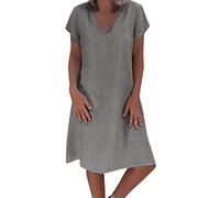 OverDose Soldes Mi-Longue Robe Grande Taille en Lin Femme Été Vintage Robes de Plage Manches Courtes Col V Loose Casual Dress Pas Cher