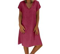 OverDose Soldes Mi-Longue Robe Grande Taille en Lin Femme Été Vintage Robes de Plage Manches Courtes Col V Loose Casual Dress Pas Cher