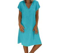 OverDose Soldes Mi-Longue Robe Grande Taille en Lin Femme Été Vintage Robes de Plage Manches Courtes Col V Loose Casual Dress Pas Cher
