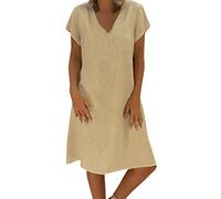 OverDose Soldes Mi-Longue Robe Grande Taille en Lin Femme Été Vintage Robes de Plage Manches Courtes Col V Loose Casual Dress Pas Cher