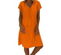 OverDose Soldes Mi-Longue Robe Grande Taille en Lin Femme Été Vintage Robes de Plage Manches Courtes Col V Loose Casual Dress Pas Cher