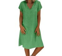 OverDose Soldes Mi-Longue Robe Grande Taille en Lin Femme Été Vintage Robes de Plage Manches Courtes Col V Loose Casual Dress Pas Cher