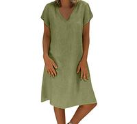 OverDose Soldes Mi-Longue Robe Grande Taille en Lin Femme Été Vintage Robes de Plage Manches Courtes Col V Loose Casual Dress Pas Cher