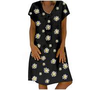 OverDose Soldes Mi-Longue Robe Vintage en Lin Femme Été Grande Taille Imprimé Marguerite Bohème Loose Robes de Plage Manches Courtes Casual Dress