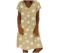 OverDose Soldes Mi-Longue Robe Vintage en Lin Femme Été Grande Taille Imprimé Marguerite Bohème Loose Robes de Plage Manches Courtes Casual Dress