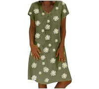 OverDose Soldes Mi-Longue Robe Vintage en Lin Femme Été Grande Taille Imprimé Marguerite Bohème Loose Robes de Plage Manches Courtes Casual Dress