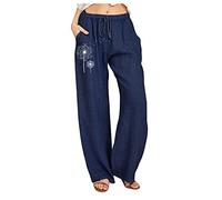 OverDose Soldes Pantalon à Rayures en Lin Femmes Été Large Taille Élastique Long Casual Confortable Grande Pants
