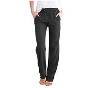 OverDose Soldes Pantalon Fluide en Lin Femme Grande Taille Taille Haute, Été Fille Pantalons Large Droite Loose Casual Pants Sportwear Blanc Noir Bleu Kaki