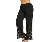 OverDose Soldes Pantalon Large Taille Haute pour Femmes Sexy Dentelle Transparent Leggings Grande Taille Décontracté Loosen Pants Noir