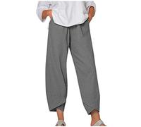OverDose Soldes Pantalon Sarouel en Lin Femmes Été Rétro Taille Élastique Pantalon Large Couleur Unie Long Décontractée Grande Taille Pants