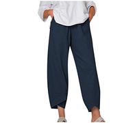 OverDose Soldes Pantalon Sarouel en Lin Femmes Été Rétro Taille Élastique Large Couleur Unie Long Décontractée Grande Pants