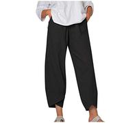 OverDose Soldes Pantalon Sarouel en Lin Femmes Été Rétro Taille Élastique Pantalon Large Couleur Unie Long Décontractée Grande Taille Pants