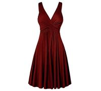 OverDose Soldes Pleated Plus Skirt Sling Slim Retro Dressing Femme Taille Flare V col Robe pour Femmes Femmes Robe Sexy (Rouge, 46)